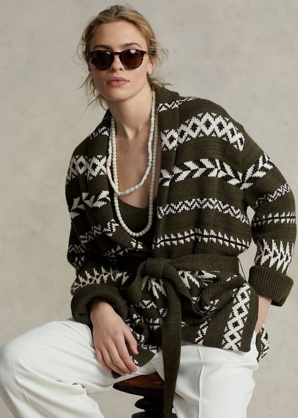 Polo Ralph Lauren Geometric-Motif Shawl Collar Cardigan with Tie Green Black Sm